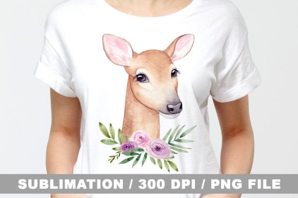 Watercolor Baby Deer and Flowers Clipart